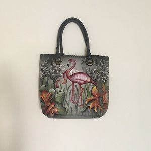 NWOT Anuschka Hand Painted Flamingo Shopper Bag